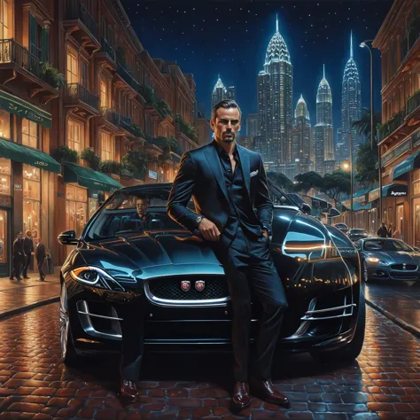 drawing of a man, with (hyper-detailed face: 1,3), posing next to his jaguar. street, night, illuminated buildings, hyperrealist...