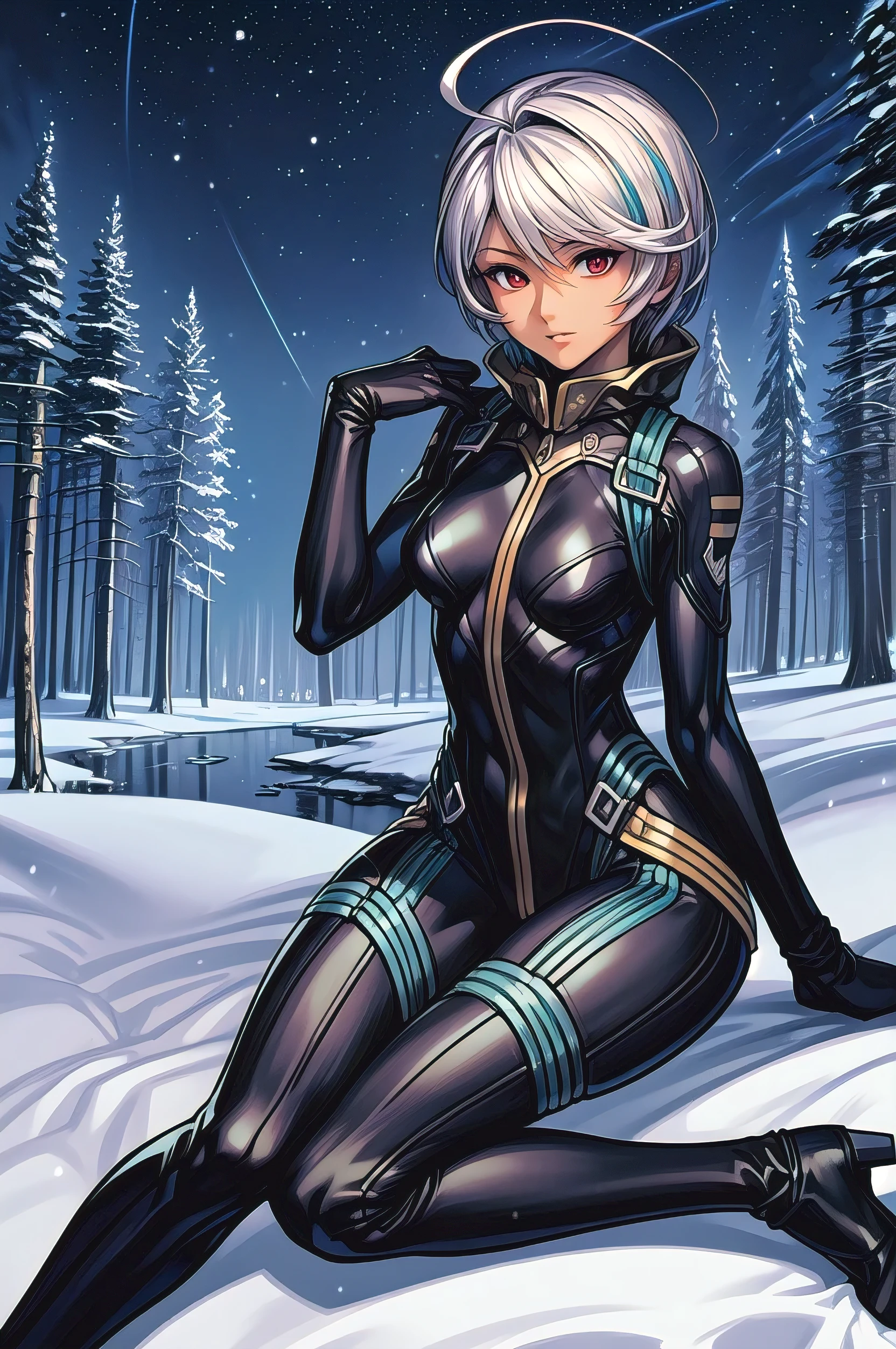 (masterpiece, best quality:1.2), solo, 1girl, yamamoto akira, dark skin, expressionless, looking at viewer, ahoge, bodysuit, outer space, (dynamic pose:1.0),happy,smile,(centered,scale to fit dimensions,Rule of thirds), ((snowy pine forest at night)), with dark stormy clouds,winter,scenery:1.25,((snow forest background)),Christmas tree, highres,sharp focus,(ultra detailed,extremely detailed),(((vibrant colors,vibrant theme))),(intricate),(masterpiece),(best quality), sitting
