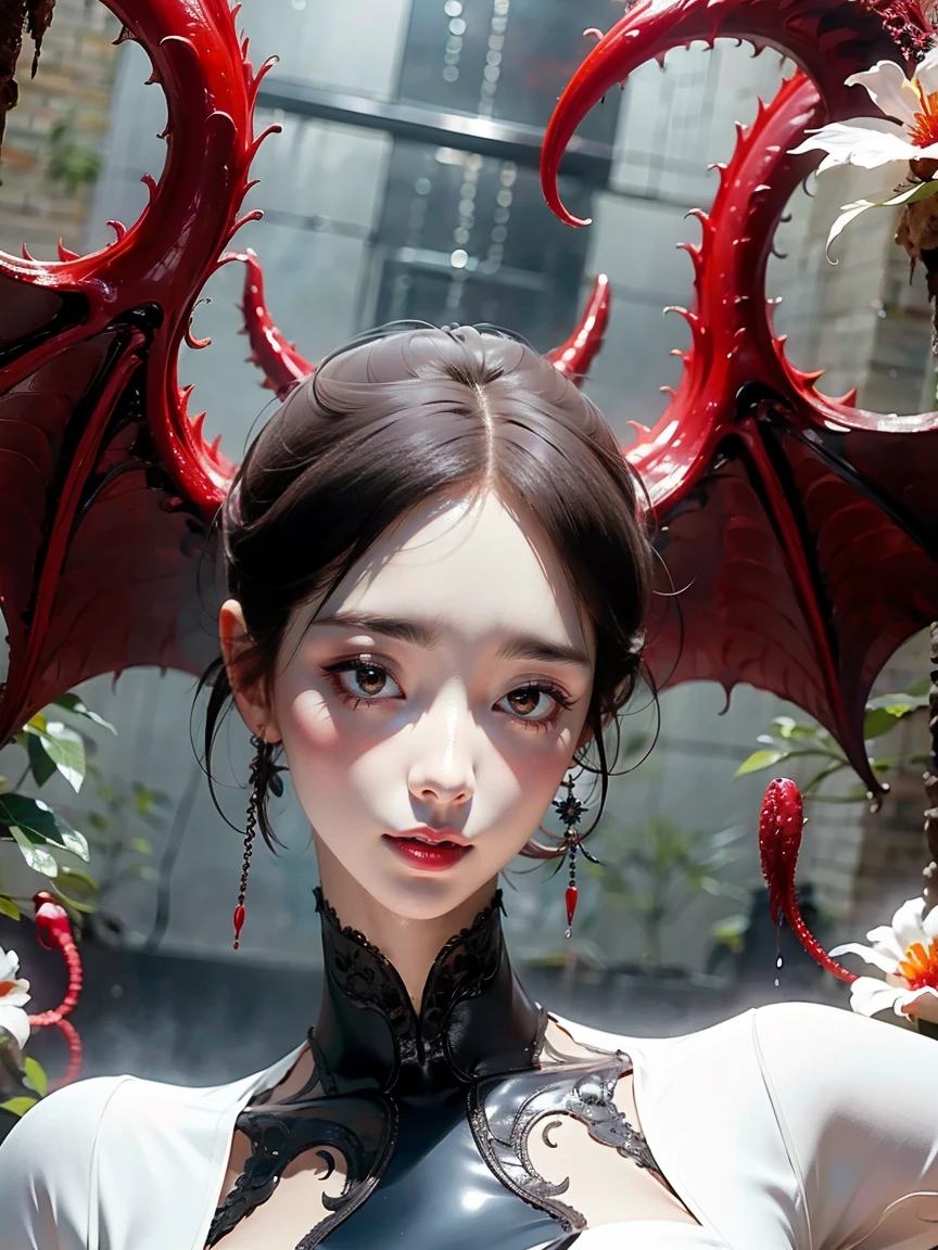 demongirl,detailed eyes and face,long eyelashes,beautiful lips,[anatomically correct],demon wings,black horns,red glowing eyes,demonic aura,dark atmosphere,[graceful and alluring pose],enchanted garden background,[oil painting],[best quality],ultra-detailed,photorealistic,vivid colors,studio lighting，meat and alcohol and blood flower and killing plants over the background，ezh