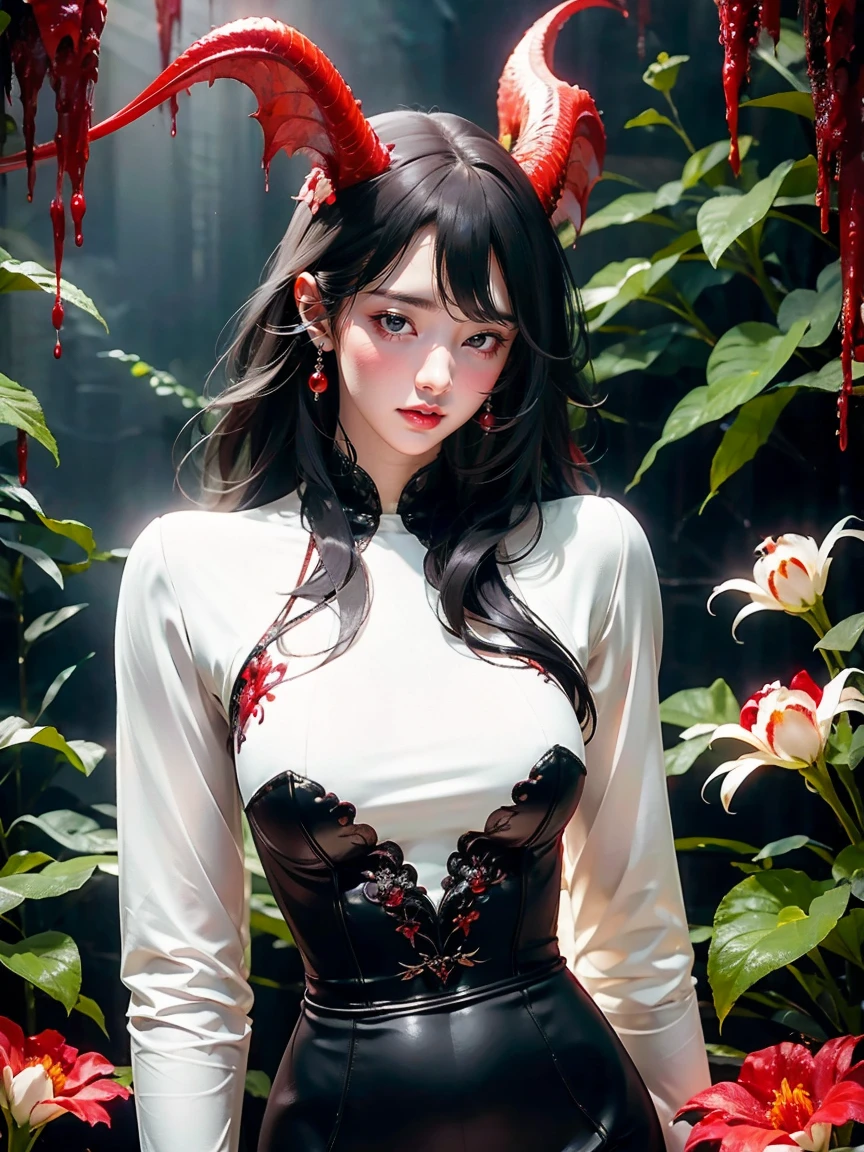 demongirl,detailed eyes and face,long eyelashes,beautiful lips,[anatomically correct],demon wings,black horns,red glowing eyes,demonic aura,dark atmosphere,[graceful and alluring pose],enchanted garden background,[oil painting],[best quality],ultra-detailed,photorealistic,vivid colors,studio lighting，meat and alcohol and blood flower and killing plants over the background，ezh