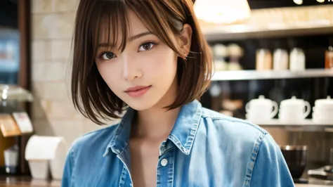 super high quality, Fashion Model, Short Hair, Slender, The staff is working at the counter in the back., (8k、RAW Photos、highest...