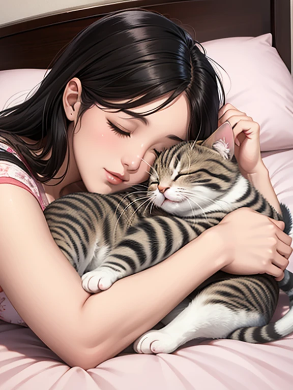 女人臉朝下睡在床上１人們、貓蜷縮在女人身上睡覺&#39;回来１動物、貓坐在盒子裡
