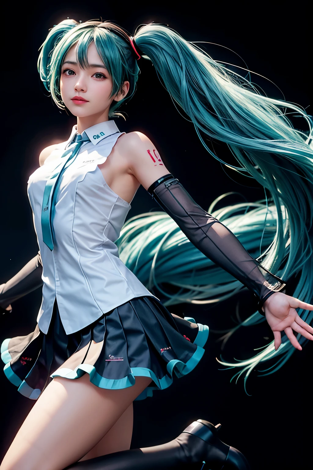 Professional photos,(One girl),Detail Skin, Beautiful Skin, Black T-shirt, Beautiful girl,Dark Background ,Hatsune_Miku,View your viewers,Blue Hearr, Sigma 85mm f/1.4, Bounce lighting, When you look to the side, 