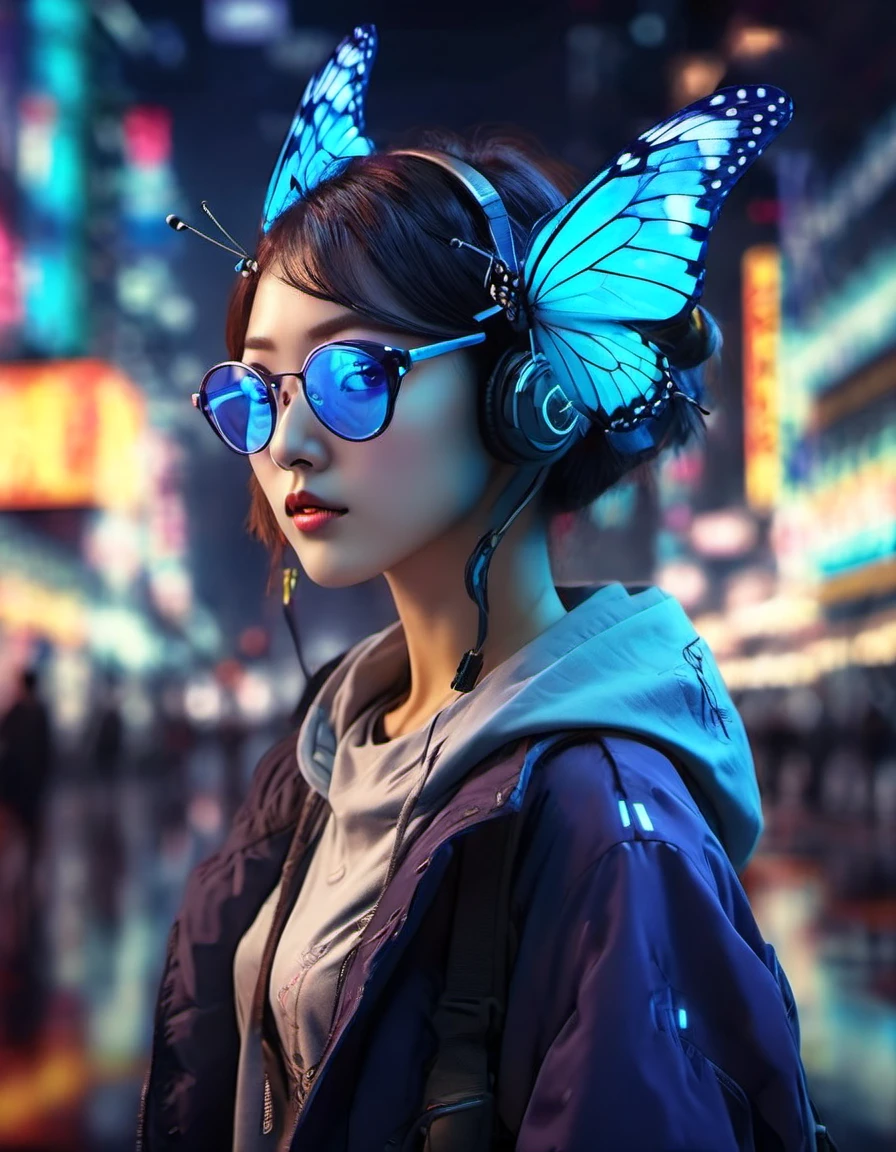 (papillon bleu),(Meilleure qualité,haute résolution,chef-d&#39;œuvre:1.2),portrait,Réaliste，Xianxia，cyberpunk，Entrelacement de lumière et d&#39;ombre. Extérieur, technologie de pointe，Ville，anthropomorphe，néon，fond cybernétique，arrière-plan flou，Fermer