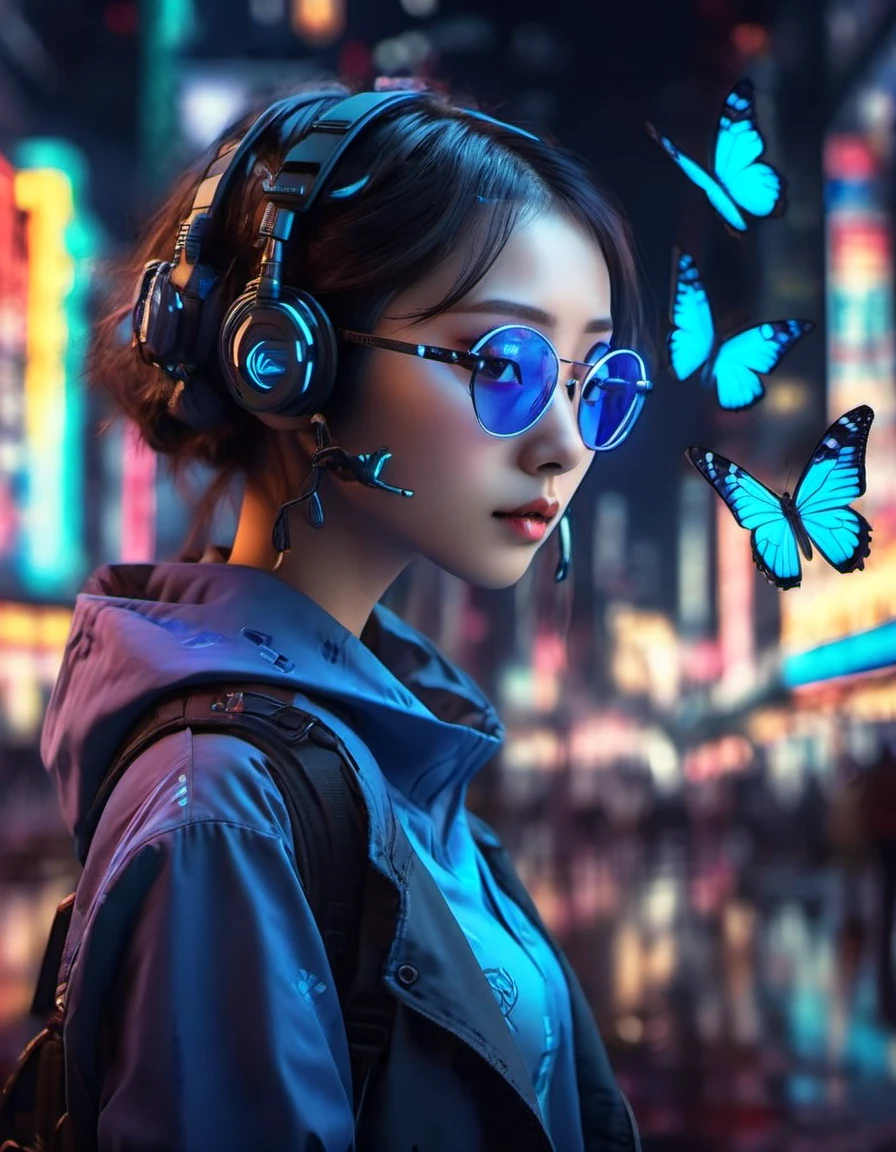 (blue butterfly),(best quality,highres,masterpiece:1.2),portrait,realistic，xianxia，Cyberpunk，Interweaving of light and shadow. outdoor, high tech，City，Anthropomorphic，Neon，Cyber Background，blur background，close-up