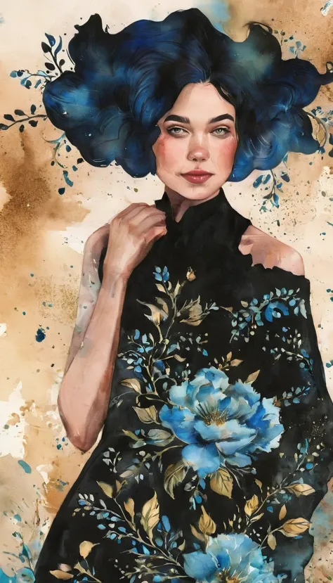 a watercolor painting of a woman with long black hair and a black dress, 2 girl with blue hair, style of charlie bowater, jen ba...