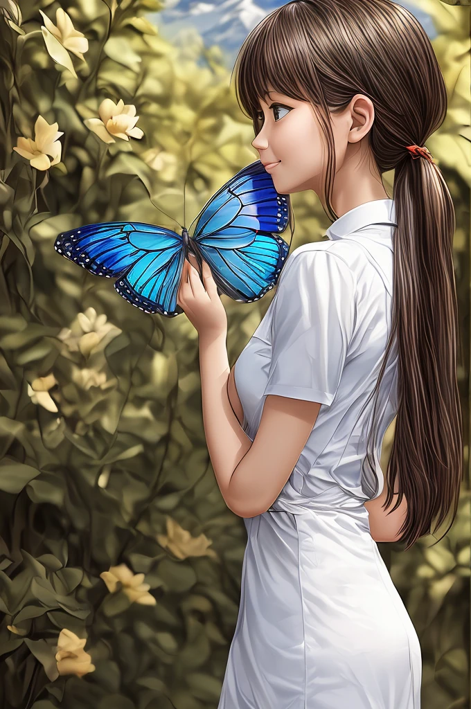 (best quality,4k,8k,highres,masterpiece:1.2),ultra-detailed,(realistic,photorealistic,photo-realistic:1.37),HDR,UHD,studio lighting,ultra-fine painting,sharp focus,physically-based rendering,extreme detail description,professional,vivid colors,bokeh,girl,blue butterfly tattoo on chest,large blue butterfly on finger,full body,beautiful flower,top of mountain