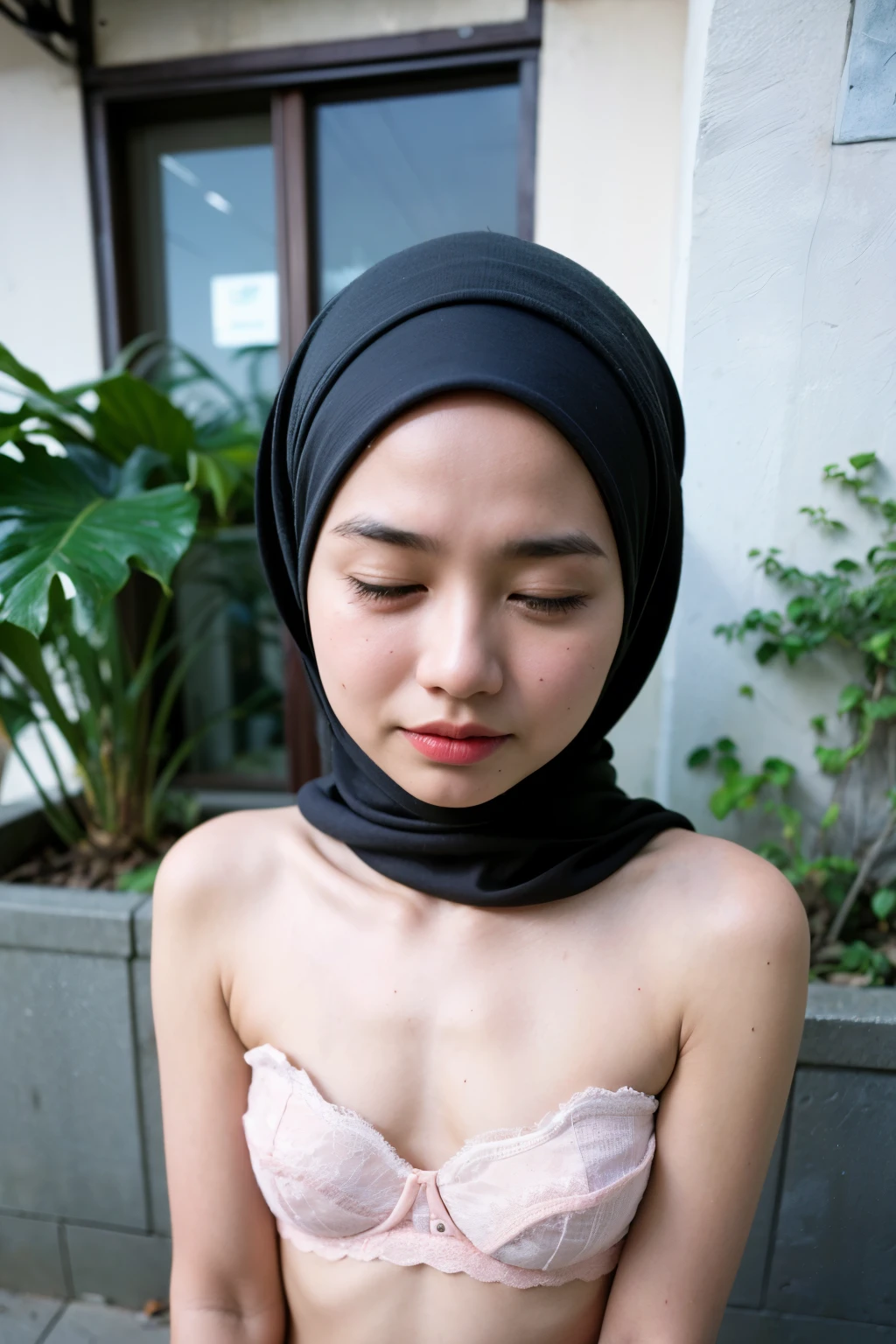 Arafed asian woman in a black head scarf and a pink bra - SeaArt AI