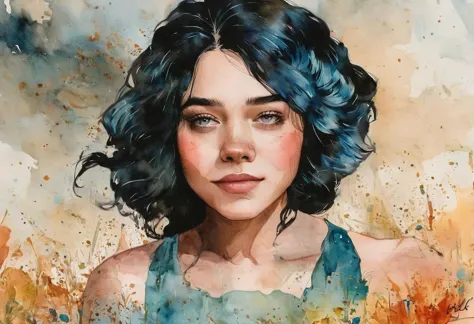 a watercolor painting of a woman with long black hair and a black dress, 2 girl with blue hair, style of charlie bowater, jen ba...