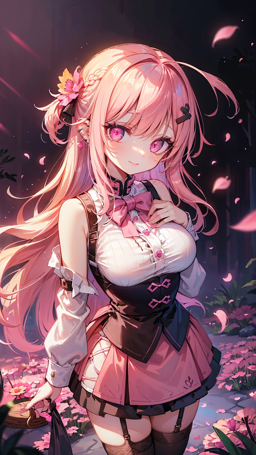 1girl, solo, jirai kei, pink top, bow tie, long hair, streaky hair, pink streaks, blonde hair, thick lips, pink eyes, heterochromia, light smile, cowboy shot, hair clips, garter belt, fishnets outdoors, forest, flower petals, ray tracing, long sleeve shirt, miniskirt, bare shoulder, huge breasts, realistic, hair ribbons, ear piercings