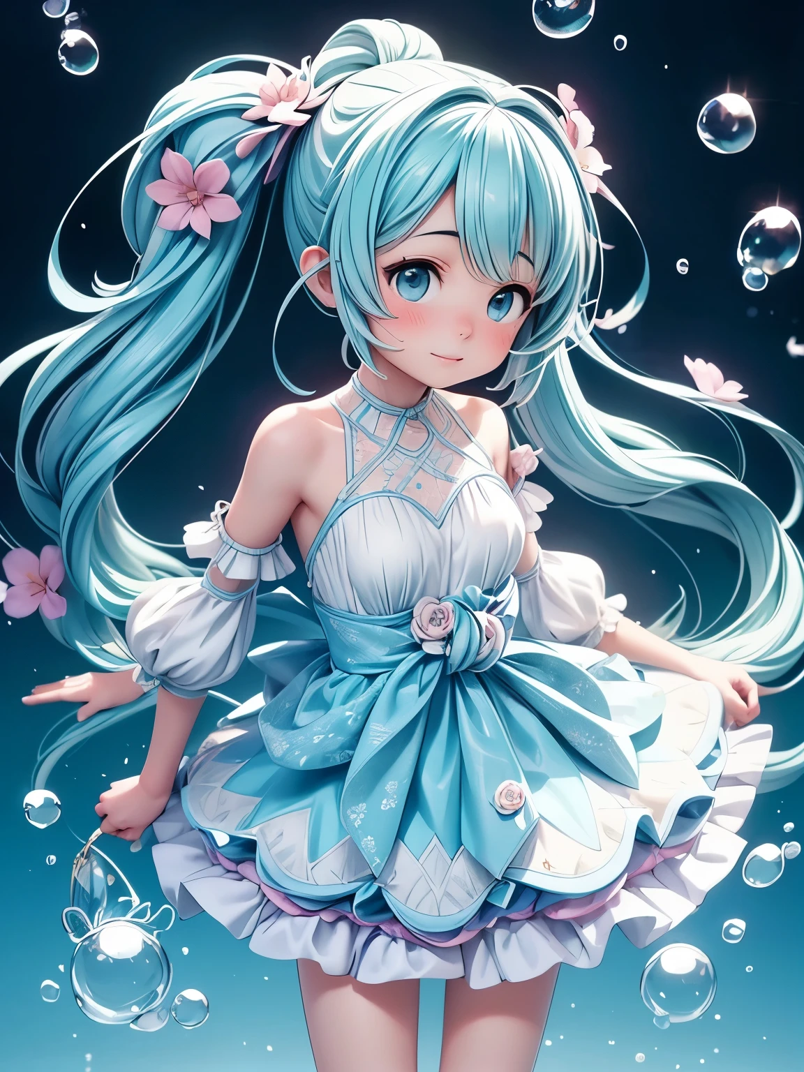 (chef-d&#39;œuvre、la plus haute qualité、la plus haute qualité、art officiel、Beau et beau:1.2)、(une fille:1.3)Hatsune Miku、queues jumelles,gros seins,(chef-d&#39;œuvre), (la plus haute qualité), (Très détaillé), (cheveux ébouriffés), (chiffre), (une fille), (Vêtements à la mode), sont debout, Mannequin, en regardant le public, (Entretien ), (fond simple), Beaux yeux, beauté délicate, Flottant, (saturation élevée), (éclaboussures colorées), bulles colorées, (Briller), se concentrer sur le visage, queue de cheval, Ayaka Kamisato, cheveux bleu clair , frange, anneau de cheveux, Fleurs flottantes, Cheveux flottants, (Le brillant), meilleur éclairage, Meilleure ombre,