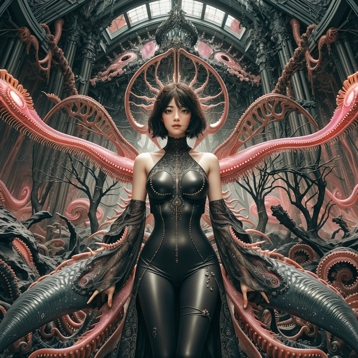 1 girl,sexy armor, green plants，pink leggings, shiny_astride, axially symmetrical, (exposed shouldersbare shoulders:1.1), Huge dark bloody Angel wings，rich background, film shooting, depth of field, Super visual, The art of HR Giger and Beksinski blende in detail, Bloodstained skeletons:1.5，dropping saliva:1.5，Stabbed Huge eyeball:1.5，Bare brain:1.5，a large amount of mucus:1.5，Pepperoni，A large number of homogeneous species:1.5，SPR:1.5，anatomy correct:1.5， Psychedelic background，pink smoke，Dark horror scene. Sharp images, Use edge lights to render at 8K resolution, It shows a terrifying environment full of Lovecraft's tentacles，They twist and pulsate in neon lights. HDR lighting creates complex and detailed shadows on a distorted background, Mutant humanoid. Distorts the environmental structure due to glitch and distortion effects, Surreal and dreamlike elements，Such as a close-up of floating inverted structures and decaying flesh，Create a feeling of disturbing and disorientation. Religious and mystical symbols are scattered against an intricate backdrop，Add a touch of supernatural horror to this already insanely terrifying masterpiece，dream-like, fantasy creation, dream snail, (biopunk nautilus:1.3),thrilling color scheme, amazing mutation, fractal, Geometric pattern, impossible number of transparent white tentacles with luminescent organs:1.4)