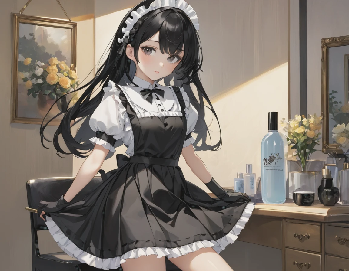 (masterpiece, highest quality, highest quality, Official Art, Cosmetology and aesthetics: 1.2), A cross-dressing boy with shoulder-length black hair and a short skirt wearing a maid&#39;s uniform、Cute, delicate and short、whole body、Front, back and side view、three views、Character Sheet、No background