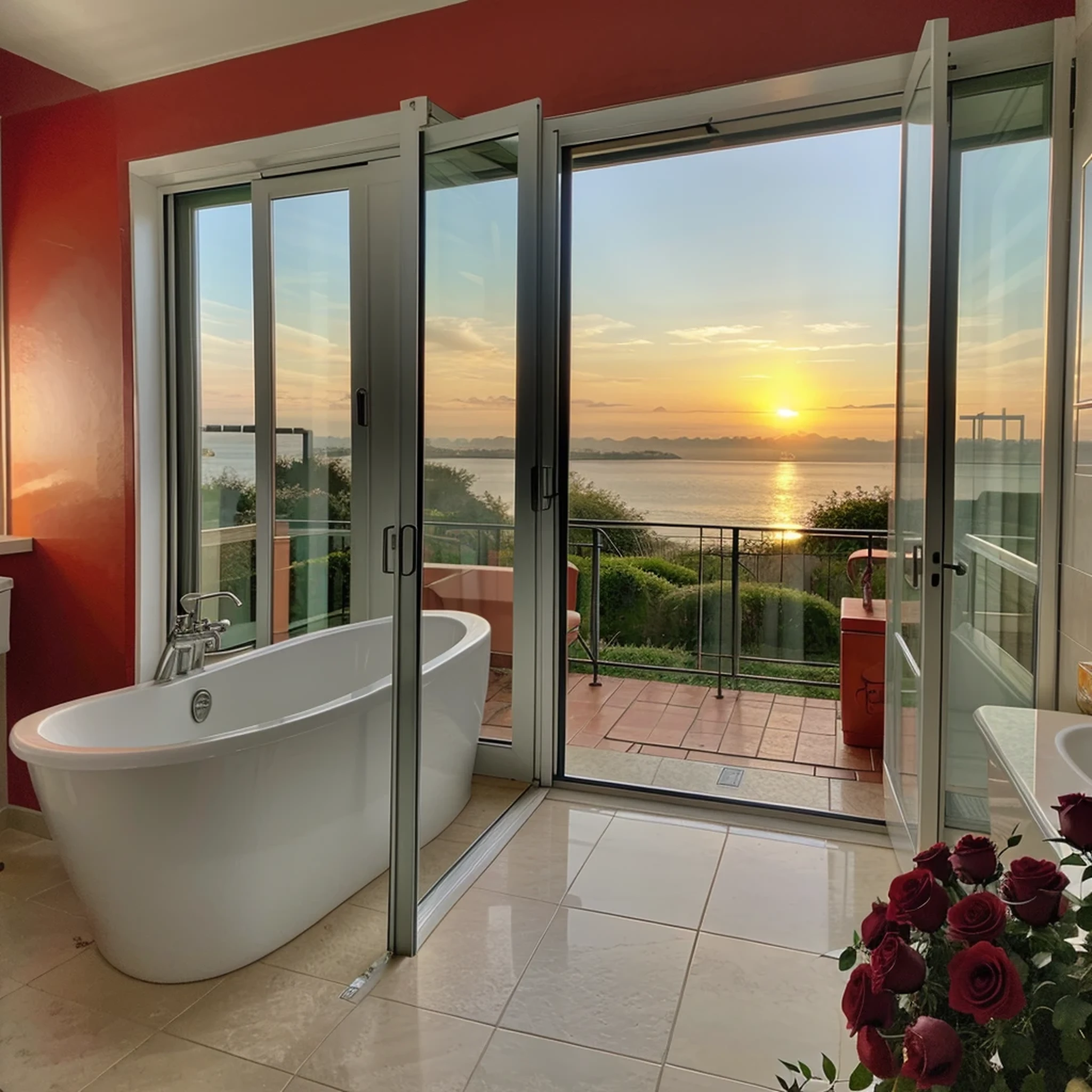 Arafed bathroom with a large tub and a view of the ocean - SeaArt AI