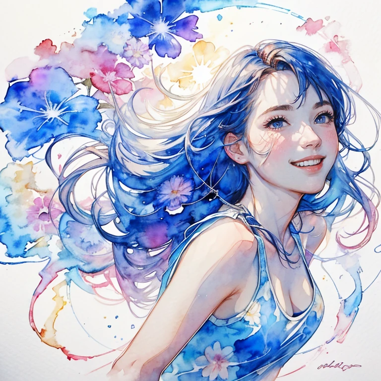 8k,masterpiece,highest quality, From below , From below ,Dynamic pose,30 years old, 1 girl, Portraiture, Floral, Watercolor sketch, Light, Long Hair, Reaching out,smile, Watercolor \(Moderate\),Watercolor,Tank top