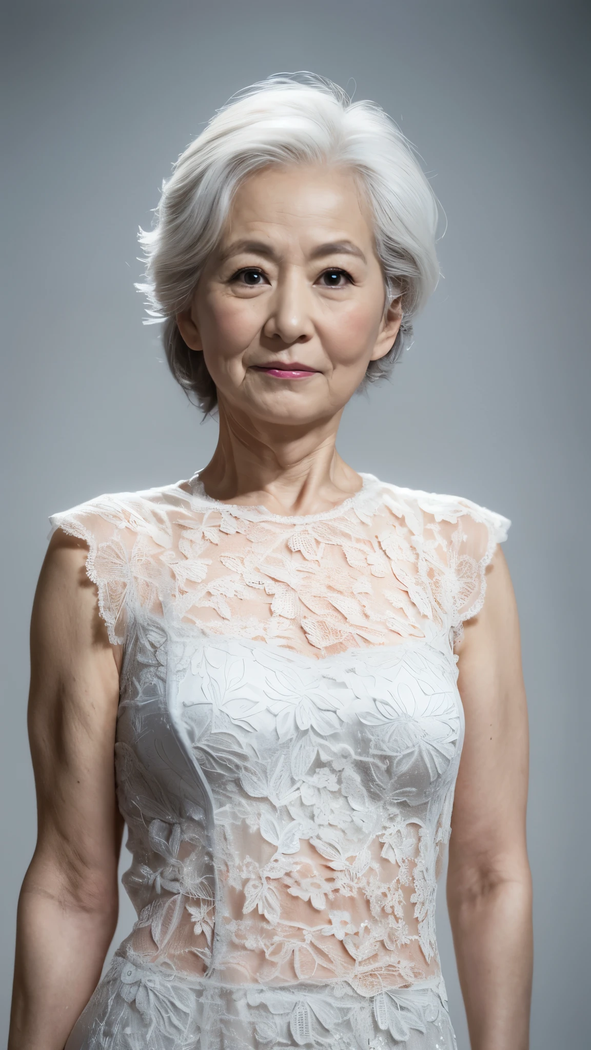 An older woman in a white dress posing for a photo - SeaArt AI