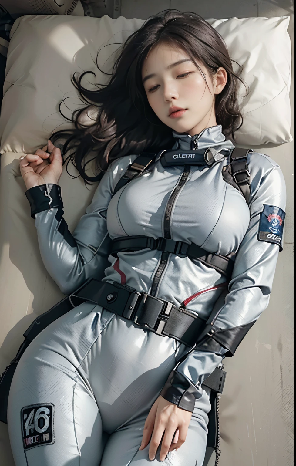 Best image quality, Excellent details, Ultra-high resolution, (realism: 1.4), ((Cowboy Shot:0.75)), Best illustrations, Favorite Details, A very condensed woman, 40 years old, Beautiful and delicate facial features, Perfect Proportions, ((From above)),((((Lie on your back on the ground, Close ~ eyes,defeat)))),Large Breasts, Chubby:0.4), (A swollen belly like a pregnant woman),(I like wearing racing suits and police uniforms, Black and grey mech, Wearing a high-tech headset, Military Harness, Has a machine gun), captain, Background Simple gray wall