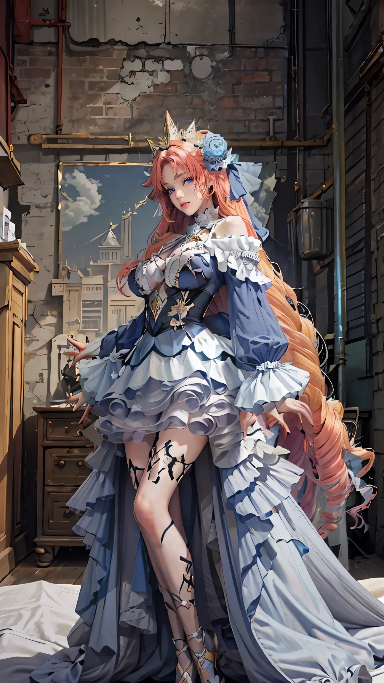 Best Best quality, masterpiece, ultra high res, raw photo, beautiful and aesthetic,deep shadow, dark theme,(photorealistic:1.4),
1girl, dress with frills, gloves, stoking, sitting on bed, Headdress, hair ornament, full of coral and sea element, drill hair, long hair, blonde hair, gradient hair, yellow eyes, solo, huge breasts, big hair, blue hair, tiara, divine goddess, looking at viewer, royal palace, indoors, bedroom, astraea, full body, dorothy