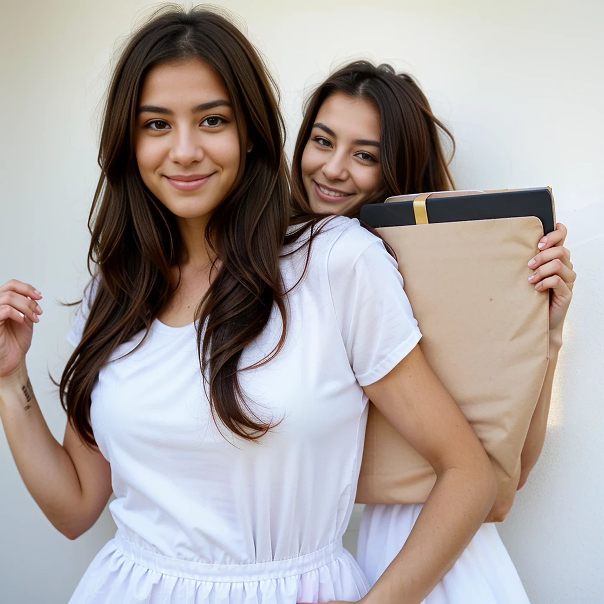 Two women standing next to each other holding a purse - SeaArt AI