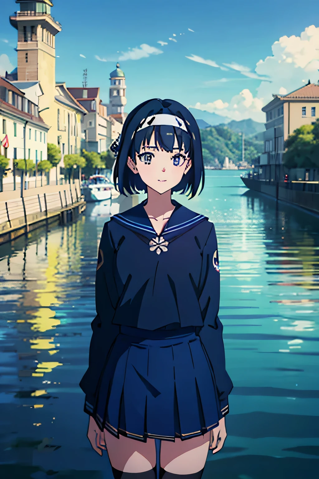 (Highly detailed CG unity 8k), (highest quality)，(very detailed)，(ultra high resolution), (fine eyes), (detailed facial features), (Detailed features of clothing), HDR, 8K resolution, navy blue sailor uniform, High school Japanese girl , Dark blue skirt, Anime 2D rendering, smile, black hair, (((navy blue sailor uniform))), black stockings, (((school scenery))), (((small face))), bob cut, ((White headband)), Happy pose,