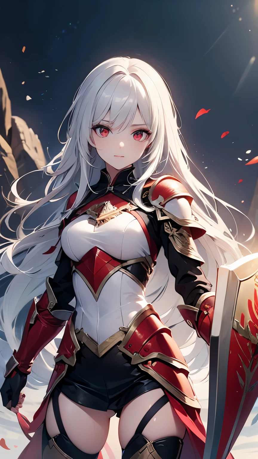 ((highest quality)), ((masterpiece)), (detailed), Perfect Face, (albino), knight, ((Long white hair, White skin, Red eyes)), (Black magic sword), A great sword engraved with red runes., Crazy Eyes, Troublesome Cheeks, Fantasy novels, 25-year-old woman, ((Silver armor and gloves)), engraved shield