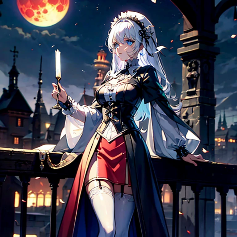 (Obra maestra, mejor calidad:1.2), 1 chica, solo,necesario,Una mujer con elementos de Lady Maria de Bloodborne., Akiha Tohno, nieve blanca, y Scheneee de Sindualidad, con cabello largo estilo shullet plateado con puntas carmesí, celestial blue eyes, vistiendo victoriano, monja, y ropa de inspiración medieval que incluye un liguero corto y una falda tipo pañuelo, de pie en un balcón con vista a una ciudad con arquitectura victoriana y medieval durante una noche con luna de sangre y niebla para crear una atmósfera de misterio
