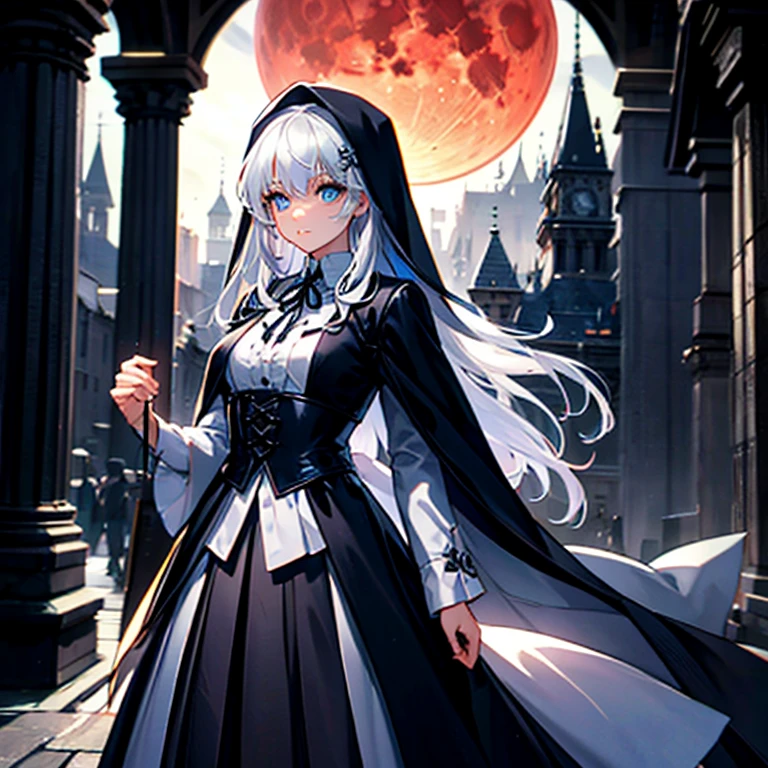 (Obra-prima, Melhor qualidade:1.2), 1 garota, Sozinho,preciso,Uma mulher com elementos de Lady Maria de Bloodborne, Akiha tohno, neve branca, e Scheneee da Synduality, com longos cabelos prateados estilo concha com pontas vermelhas, Olhos azuis celestes, vestindo vitoriano, nun, e roupas de inspiração medieval, incluindo uma cinta-liga curta e uma saia-lenço, em pé em uma varanda com vista para uma cidade com arquitetura vitoriana e medieval durante uma noite com lua de sangue e neblina para criar uma atmosfera de mistério
