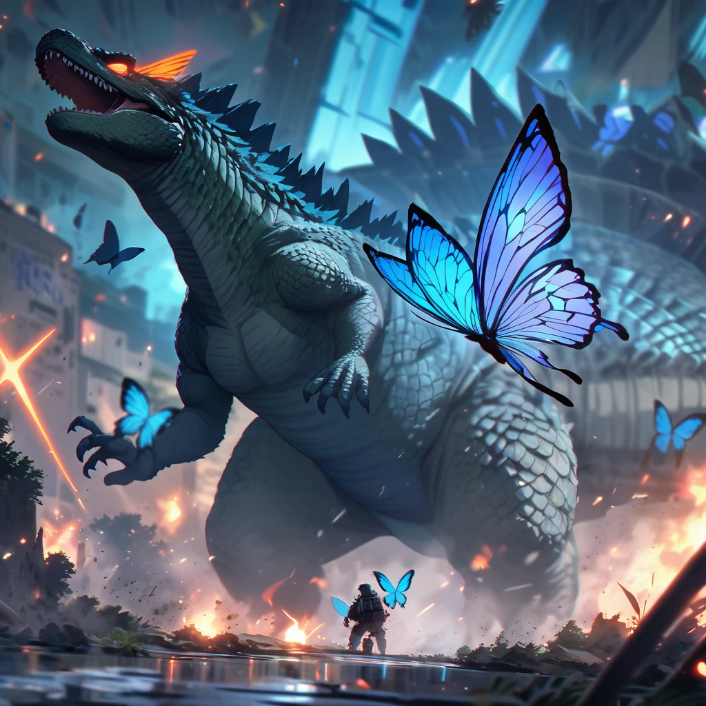 (best quality,ultra-detailed,realistic:1.37),Godzilla,neon Blue Butterfly,city destruction,towering skyscrapers,giant monster,huge wings,glowing body,nighttime scene,chaos,emerging from the ocean,dramatic confrontation,epic battle,threatening presence,cityscape in ruins,destruction and chaos,people running in fear,explosions and smoke,massive destruction,flashing lights,blue neon lights,contrast of dark and bright,ominous atmosphere,overwhelming power,immense scale,dystopian future,the last hope,apocalyptic scene,desperate attempt to save the city,hopeful symbolism,neon city lights,desperation in the air,brave heroes,fighting against all odds,high-energy beam,godlike strength,raging fire,destructive force,iconic showdown,emotional intensity,astonishing spectacle,final battle,breathtaking climax.