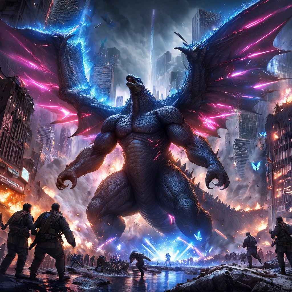 (best quality,ultra-detailed,realistic:1.37),Godzilla,neon Blue Butterfly,city destruction,towering skyscrapers,giant monster,huge wings,glowing body,nighttime scene,chaos,emerging from the ocean,dramatic confrontation,epic battle,threatening presence,cityscape in ruins,destruction and chaos,people running in fear,explosions and smoke,massive destruction,flashing lights,blue neon lights,contrast of dark and bright,ominous atmosphere,overwhelming power,immense scale,dystopian future,the last hope,apocalyptic scene,desperate attempt to save the city,hopeful symbolism,neon city lights,desperation in the air,brave heroes,fighting against all odds,high-energy beam,godlike strength,raging fire,destructive force,iconic showdown,emotional intensity,astonishing spectacle,final battle,breathtaking climax.