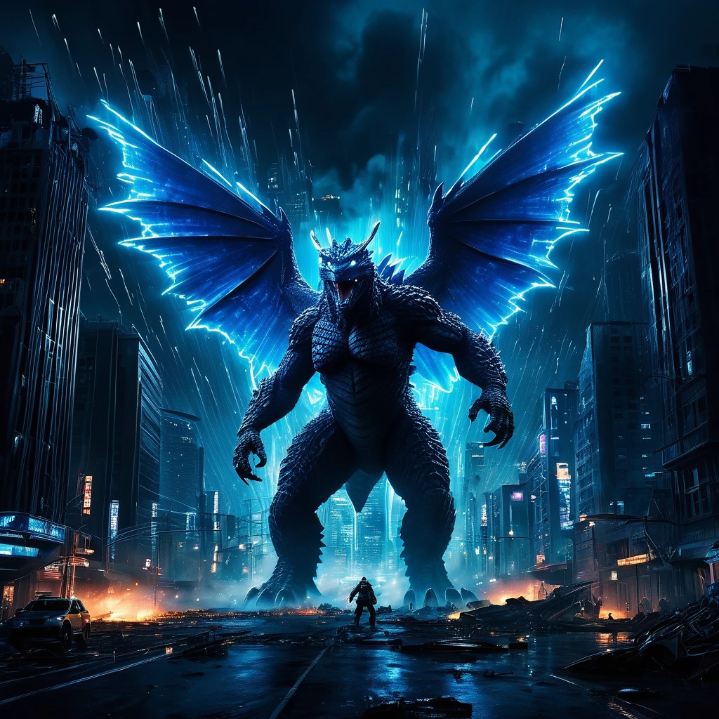 (best quality,ultra-detailed,realistic:1.37),Godzilla,neon Blue Butterfly,city destruction,towering skyscrapers,giant monster,huge wings,glowing body,nighttime scene,chaos,emerging from the ocean,dramatic confrontation,epic battle,threatening presence,cityscape in ruins,destruction and chaos,people running in fear,explosions and smoke,massive destruction,flashing lights,blue neon lights,contrast of dark and bright,ominous atmosphere,overwhelming power,immense scale,dystopian future,the last hope,apocalyptic scene,desperate attempt to save the city,hopeful symbolism,neon city lights,desperation in the air,brave heroes,fighting against all odds,high-energy beam,godlike strength,raging fire,destructive force,iconic showdown,emotional intensity,astonishing spectacle,final battle,breathtaking climax.