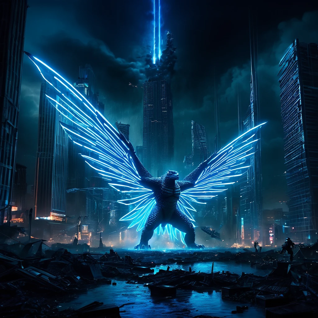 (best quality,ultra-detailed,realistic:1.37),Godzilla,neon Blue Butterfly,city destruction,towering skyscrapers,giant monster,huge wings,glowing body,nighttime scene,chaos,emerging from the ocean,dramatic confrontation,epic battle,threatening presence,cityscape in ruins,destruction and chaos,people running in fear,explosions and smoke,massive destruction,flashing lights,blue neon lights,contrast of dark and bright,ominous atmosphere,overwhelming power,immense scale,dystopian future,the last hope,apocalyptic scene,desperate attempt to save the city,hopeful symbolism,neon city lights,desperation in the air,brave heroes,fighting against all odds,high-energy beam,godlike strength,raging fire,destructive force,iconic showdown,emotional intensity,astonishing spectacle,final battle,breathtaking climax.