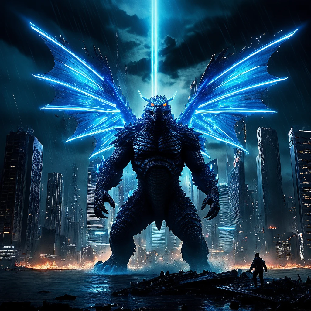 (best quality,ultra-detailed,realistic:1.37),Godzilla,neon Blue Butterfly,city destruction,towering skyscrapers,giant monster,huge wings,glowing body,nighttime scene,chaos,emerging from the ocean,dramatic confrontation,epic battle,threatening presence,cityscape in ruins,destruction and chaos,people running in fear,explosions and smoke,massive destruction,flashing lights,blue neon lights,contrast of dark and bright,ominous atmosphere,overwhelming power,immense scale,dystopian future,the last hope,apocalyptic scene,desperate attempt to save the city,hopeful symbolism,neon city lights,desperation in the air,brave heroes,fighting against all odds,high-energy beam,godlike strength,raging fire,destructive force,iconic showdown,emotional intensity,astonishing spectacle,final battle,breathtaking climax.