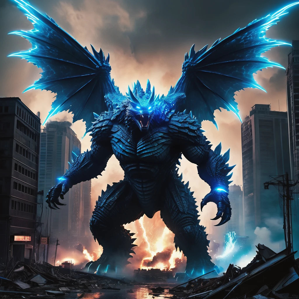 (best quality,ultra-detailed,realistic:1.37),Godzilla,neon Blue Butterfly,city destruction,towering skyscrapers,giant monster,huge wings,glowing body,nighttime scene,chaos,emerging from the ocean,dramatic confrontation,epic battle,threatening presence,cityscape in ruins,destruction and chaos,people running in fear,explosions and smoke,massive destruction,flashing lights,blue neon lights,contrast of dark and bright,ominous atmosphere,overwhelming power,immense scale,dystopian future,the last hope,apocalyptic scene,desperate attempt to save the city,hopeful symbolism,neon city lights,desperation in the air,brave heroes,fighting against all odds,high-energy beam,godlike strength,raging fire,destructive force,iconic showdown,emotional intensity,astonishing spectacle,final battle,breathtaking climax.