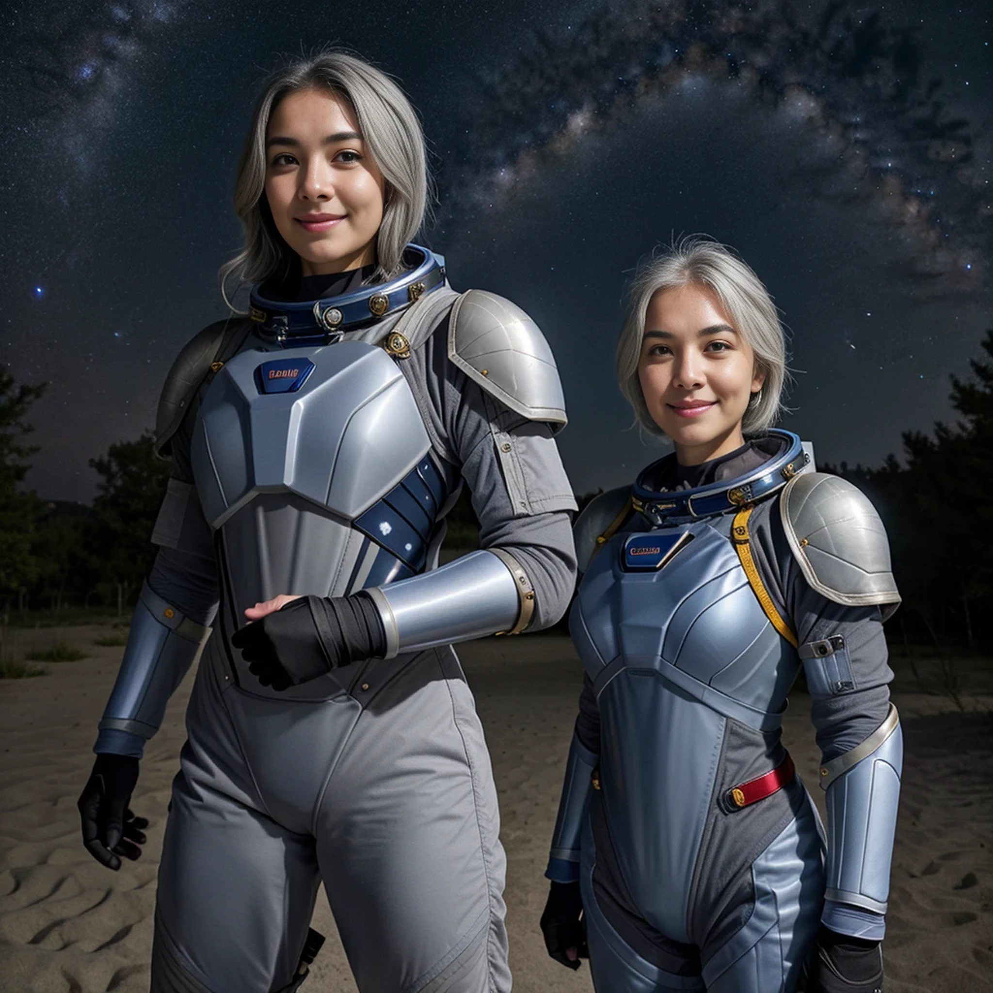 Best Quality, Ultra High Resolution, (Realism: 1.4), Depth of Field, Beautiful Face, (PureErosFace_V1: 0.8), Halfbody, | | 1girl, medium chest, (gray hair: 1.3), innocent smile, natural makeup, | | | Model pose, | | (Spacesuit: 1.3), (Blue Armor: 1.3), Exquisite Design, | | Space Background, Stars_(Sky), Moonlight, Night, | |