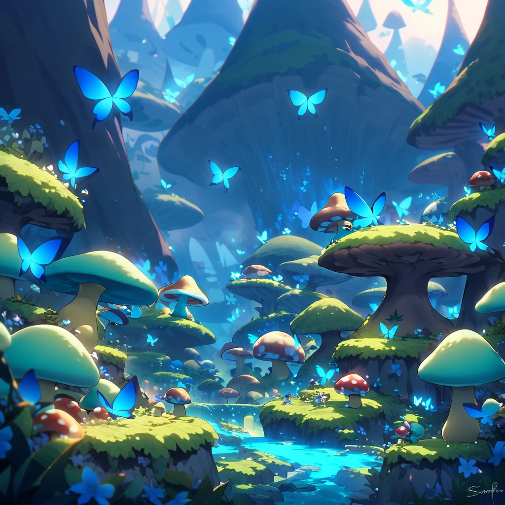 A mushroom village in the forest, with colorful houses made of mushrooms surrounded by lush greenery. The village is filled with vibrant flowers and sparkling streams. The Smurfs, small blue creatures, are busy preparing food for a swarm of phosphorescent Blue Butterflies that have gathered in their village. The butterflies emit a soft blue glow, creating a magical ambiance. The Smurfs are wearing their iconic white hats and are seen cheerfully placing trays of delicious treats on mushroom tables. The air is filled with the sweet aroma of freshly baked goods, enticing the butterflies to feast. The scene is captured during dusk, with the soft light of the setting sun casting a warm glow on the village. The sky is adorned with a picturesque sunset, painted in shades of orange, pink, and purple, creating a stunning backdrop for the enchanting village. The artwork showcases an exquisite level of detail, with every mushroom and flower delicately rendered. The overall image radiates a sense of joy, tranquility, and a harmonious coexistence between the Smurfs and nature. The high-resolution artwork captures every minute detail, immersing the viewer in the whimsical world of the Smurfs. [HDR effect, vibrant colors, bokeh, realistic lighting]