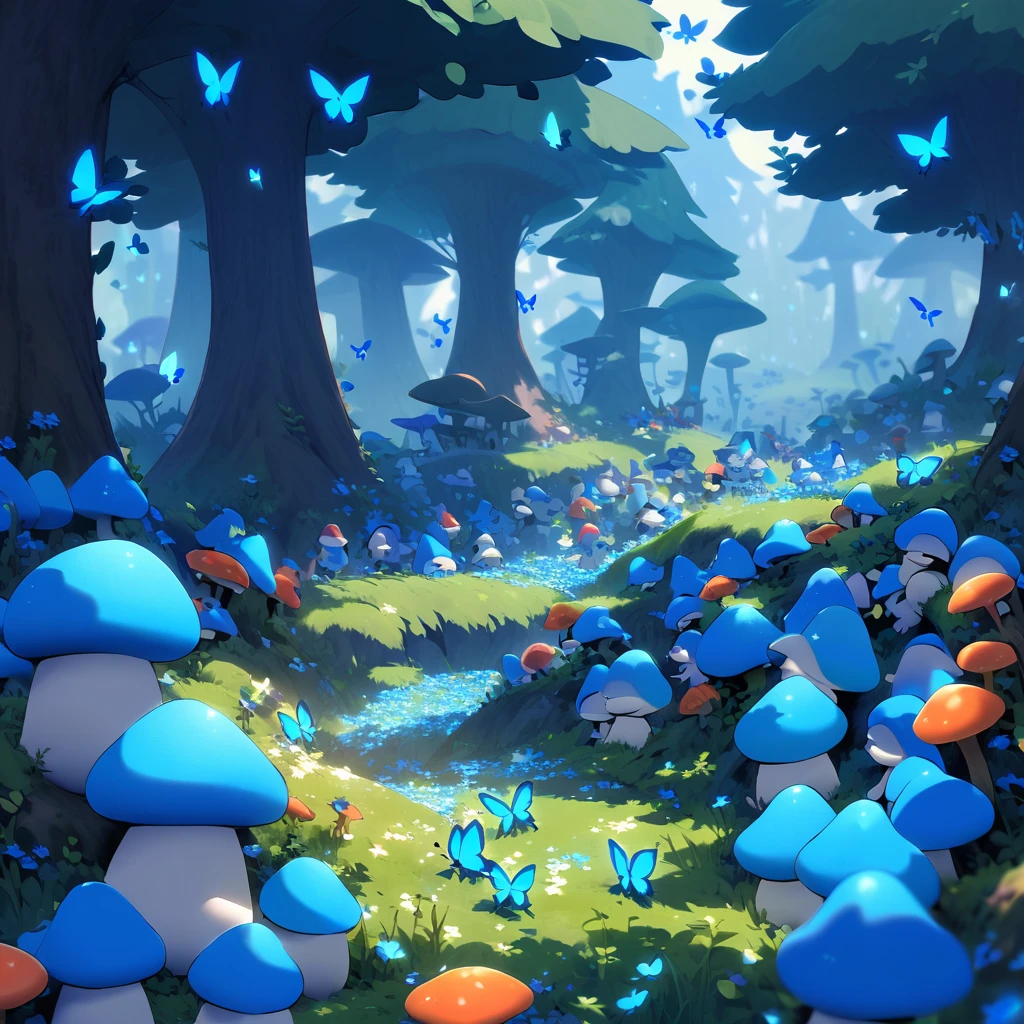 A mushroom village in the forest, with colorful houses made of mushrooms surrounded by lush greenery. The village is filled with vibrant flowers and sparkling streams. The Smurfs, small blue creatures, are busy preparing food for a swarm of phosphorescent Blue Butterflies that have gathered in their village. The butterflies emit a soft blue glow, creating a magical ambiance. The Smurfs are wearing their iconic white hats and are seen cheerfully placing trays of delicious treats on mushroom tables. The air is filled with the sweet aroma of freshly baked goods, enticing the butterflies to feast. The scene is captured during dusk, with the soft light of the setting sun casting a warm glow on the village. The sky is adorned with a picturesque sunset, painted in shades of orange, pink, and purple, creating a stunning backdrop for the enchanting village. The artwork showcases an exquisite level of detail, with every mushroom and flower delicately rendered. The overall image radiates a sense of joy, tranquility, and a harmonious coexistence between the Smurfs and nature. The high-resolution artwork captures every minute detail, immersing the viewer in the whimsical world of the Smurfs. [HDR effect, vibrant colors, bokeh, realistic lighting]