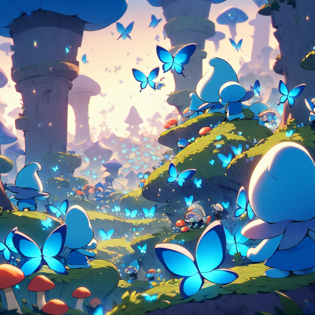 A mushroom village in the forest, with colorful houses made of mushrooms surrounded by lush greenery. The village is filled with vibrant flowers and sparkling streams. The Smurfs, small blue creatures, are busy preparing food for a swarm of phosphorescent Blue Butterflies that have gathered in their village. The butterflies emit a soft blue glow, creating a magical ambiance. The Smurfs are wearing their iconic white hats and are seen cheerfully placing trays of delicious treats on mushroom tables. The air is filled with the sweet aroma of freshly baked goods, enticing the butterflies to feast. The scene is captured during dusk, with the soft light of the setting sun casting a warm glow on the village. The sky is adorned with a picturesque sunset, painted in shades of orange, pink, and purple, creating a stunning backdrop for the enchanting village. The artwork showcases an exquisite level of detail, with every mushroom and flower delicately rendered. The overall image radiates a sense of joy, tranquility, and a harmonious coexistence between the Smurfs and nature. The high-resolution artwork captures every minute detail, immersing the viewer in the whimsical world of the Smurfs. [HDR effect, vibrant colors, bokeh, realistic lighting]