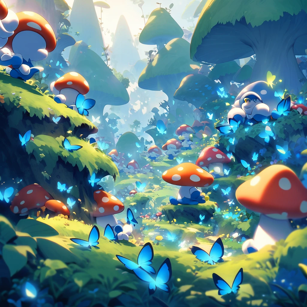 A mushroom village in the forest, with colorful houses made of mushrooms surrounded by lush greenery. The village is filled with vibrant flowers and sparkling streams. The Smurfs, small blue creatures, are busy preparing food for a swarm of phosphorescent Blue Butterflies that have gathered in their village. The butterflies emit a soft blue glow, creating a magical ambiance. The Smurfs are wearing their iconic white hats and are seen cheerfully placing trays of delicious treats on mushroom tables. The air is filled with the sweet aroma of freshly baked goods, enticing the butterflies to feast. The scene is captured during dusk, with the soft light of the setting sun casting a warm glow on the village. The sky is adorned with a picturesque sunset, painted in shades of orange, pink, and purple, creating a stunning backdrop for the enchanting village. The artwork showcases an exquisite level of detail, with every mushroom and flower delicately rendered. The overall image radiates a sense of joy, tranquility, and a harmonious coexistence between the Smurfs and nature. The high-resolution artwork captures every minute detail, immersing the viewer in the whimsical world of the Smurfs. [HDR effect, vibrant colors, bokeh, realistic lighting]