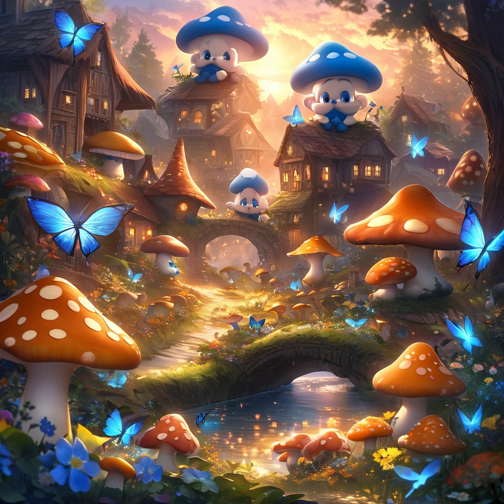 A mushroom village in the forest, with colorful houses made of mushrooms surrounded by lush greenery. The village is filled with vibrant flowers and sparkling streams. The Smurfs, small blue creatures, are busy preparing food for a swarm of phosphorescent Blue Butterflies that have gathered in their village. The butterflies emit a soft blue glow, creating a magical ambiance. The Smurfs are wearing their iconic white hats and are seen cheerfully placing trays of delicious treats on mushroom tables. The air is filled with the sweet aroma of freshly baked goods, enticing the butterflies to feast. The scene is captured during dusk, with the soft light of the setting sun casting a warm glow on the village. The sky is adorned with a picturesque sunset, painted in shades of orange, pink, and purple, creating a stunning backdrop for the enchanting village. The artwork showcases an exquisite level of detail, with every mushroom and flower delicately rendered. The overall image radiates a sense of joy, tranquility, and a harmonious coexistence between the Smurfs and nature. The high-resolution artwork captures every minute detail, immersing the viewer in the whimsical world of the Smurfs. [HDR effect, vibrant colors, bokeh, realistic lighting]