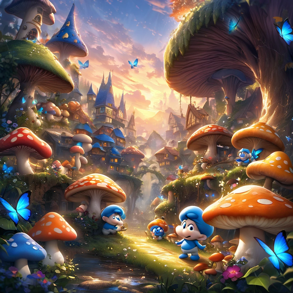 A mushroom village in the forest, with colorful houses made of mushrooms surrounded by lush greenery. The village is filled with vibrant flowers and sparkling streams. The Smurfs, small blue creatures, are busy preparing food for a swarm of phosphorescent Blue Butterflies that have gathered in their village. The butterflies emit a soft blue glow, creating a magical ambiance. The Smurfs are wearing their iconic white hats and are seen cheerfully placing trays of delicious treats on mushroom tables. The air is filled with the sweet aroma of freshly baked goods, enticing the butterflies to feast. The scene is captured during dusk, with the soft light of the setting sun casting a warm glow on the village. The sky is adorned with a picturesque sunset, painted in shades of orange, pink, and purple, creating a stunning backdrop for the enchanting village. The artwork showcases an exquisite level of detail, with every mushroom and flower delicately rendered. The overall image radiates a sense of joy, tranquility, and a harmonious coexistence between the Smurfs and nature. The high-resolution artwork captures every minute detail, immersing the viewer in the whimsical world of the Smurfs. [HDR effect, vibrant colors, bokeh, realistic lighting]