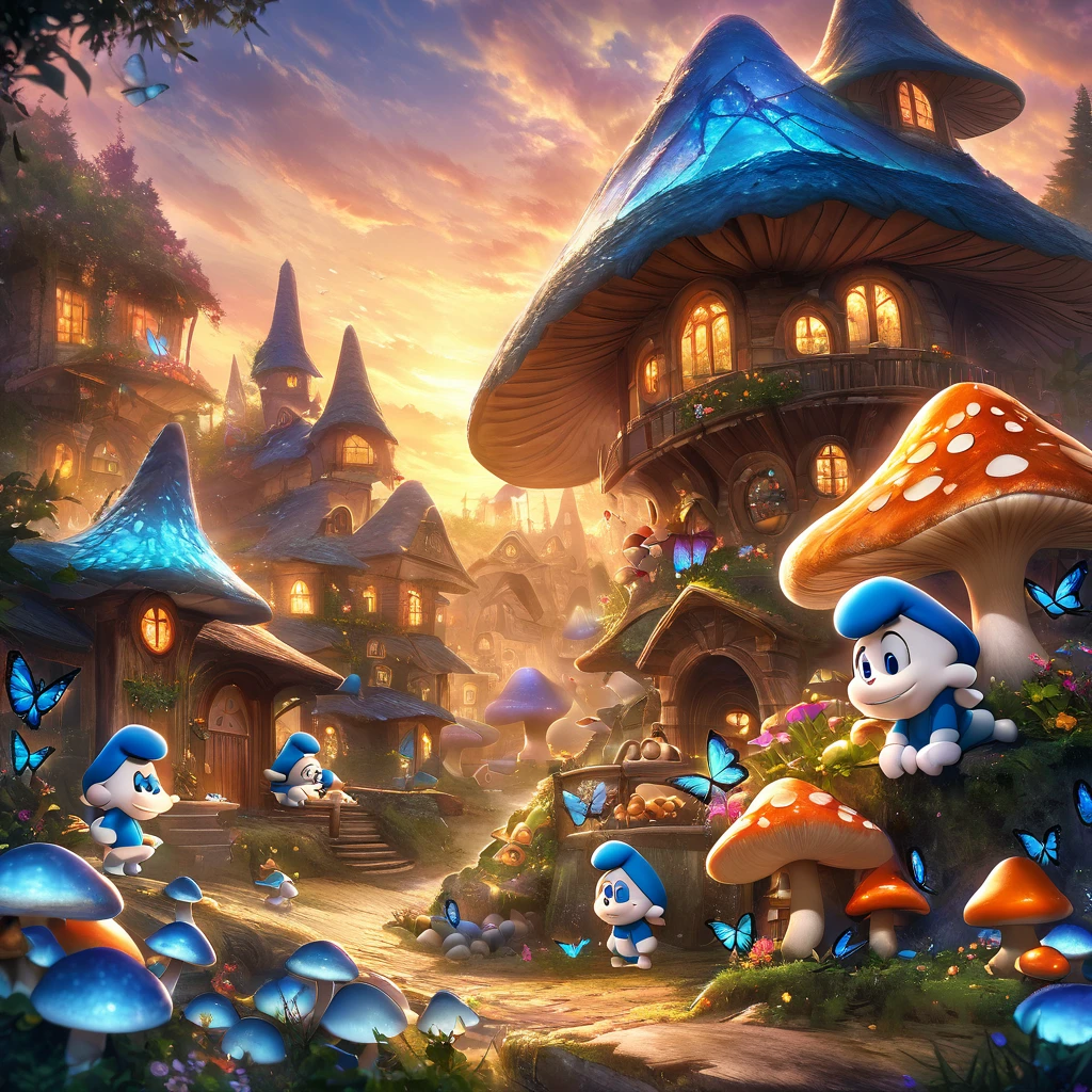 A mushroom village in the forest, with colorful houses made of mushrooms surrounded by lush greenery. The village is filled with vibrant flowers and sparkling streams. The Smurfs, small blue creatures, are busy preparing food for a swarm of phosphorescent Blue Butterflies that have gathered in their village. The butterflies emit a soft blue glow, creating a magical ambiance. The Smurfs are wearing their iconic white hats and are seen cheerfully placing trays of delicious treats on mushroom tables. The air is filled with the sweet aroma of freshly baked goods, enticing the butterflies to feast. The scene is captured during dusk, with the soft light of the setting sun casting a warm glow on the village. The sky is adorned with a picturesque sunset, painted in shades of orange, pink, and purple, creating a stunning backdrop for the enchanting village. The artwork showcases an exquisite level of detail, with every mushroom and flower delicately rendered. The overall image radiates a sense of joy, tranquility, and a harmonious coexistence between the Smurfs and nature. The high-resolution artwork captures every minute detail, immersing the viewer in the whimsical world of the Smurfs. [HDR effect, vibrant colors, bokeh, realistic lighting]