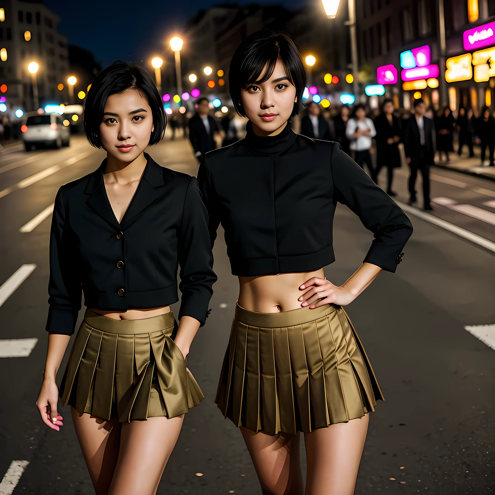 cute young Woman, short black Hair, Brown Eyes, Empress,pleated skirt suit,street lamps,neons,bustling street background,(navel:1.1,princess eyes), Nobility, Royalty, High Quality, Masterpiece, Highly Detailed