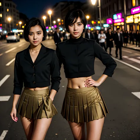 cute young Woman, short black Hair, Brown Eyes, Empress,pleated skirt suit,street lamps,neons,bustling street background,(navel:...