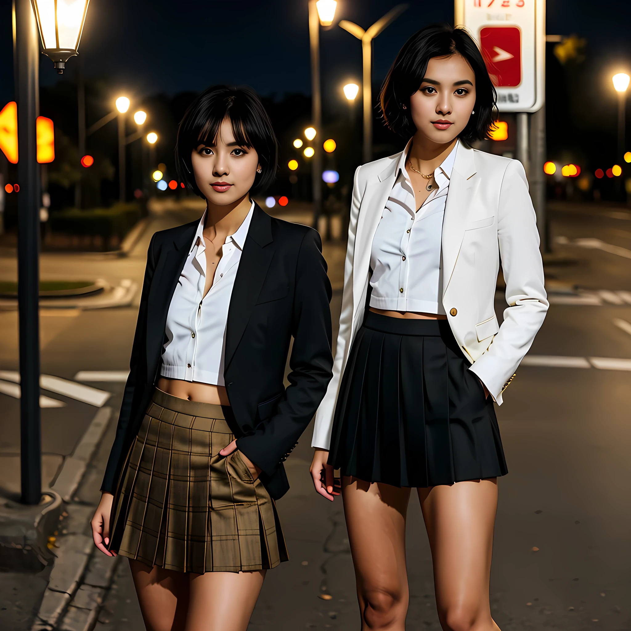 cute young Woman, short black Hair, Brown Eyes, Empress,pleated skirt suit,street lamps,neons,bustling street background,(navel:1.1,princess eyes), Nobility, Royalty, High Quality, Masterpiece, Highly Detailed