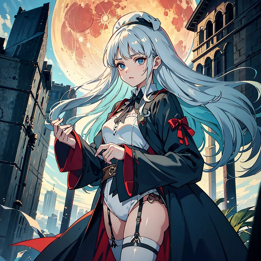 A woman with elements of Lady Maria from Bloodborne, Akiha Tohno, Weiss Schnee, and Scheneee from Synduality, with long shullet-style silver hair with crimson tips, celestial blue eyes, wearing Victorian, nun, and medieval-inspired clothing including a short garter belt and a handkerchief skirt, standing on a balcony overlooking a city with Victorian and medieval architecture during a night with a blood moon and fog to create an atmosphere of mystery
