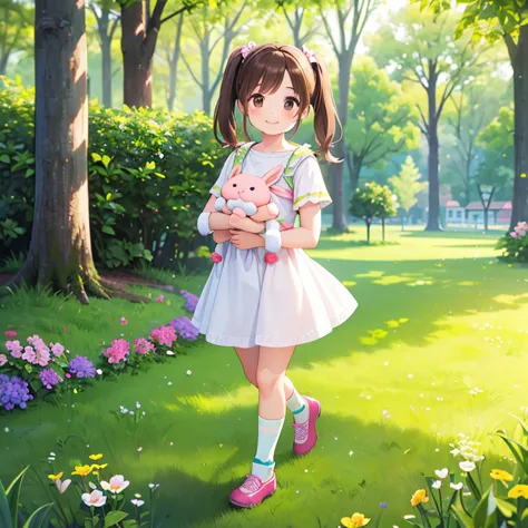 (Realistic:1.37)、Octane Rendering、Morning Park、Taking a walk with a rabbit doll、A smiling girl with short pigtails、Brown Hair，Br...