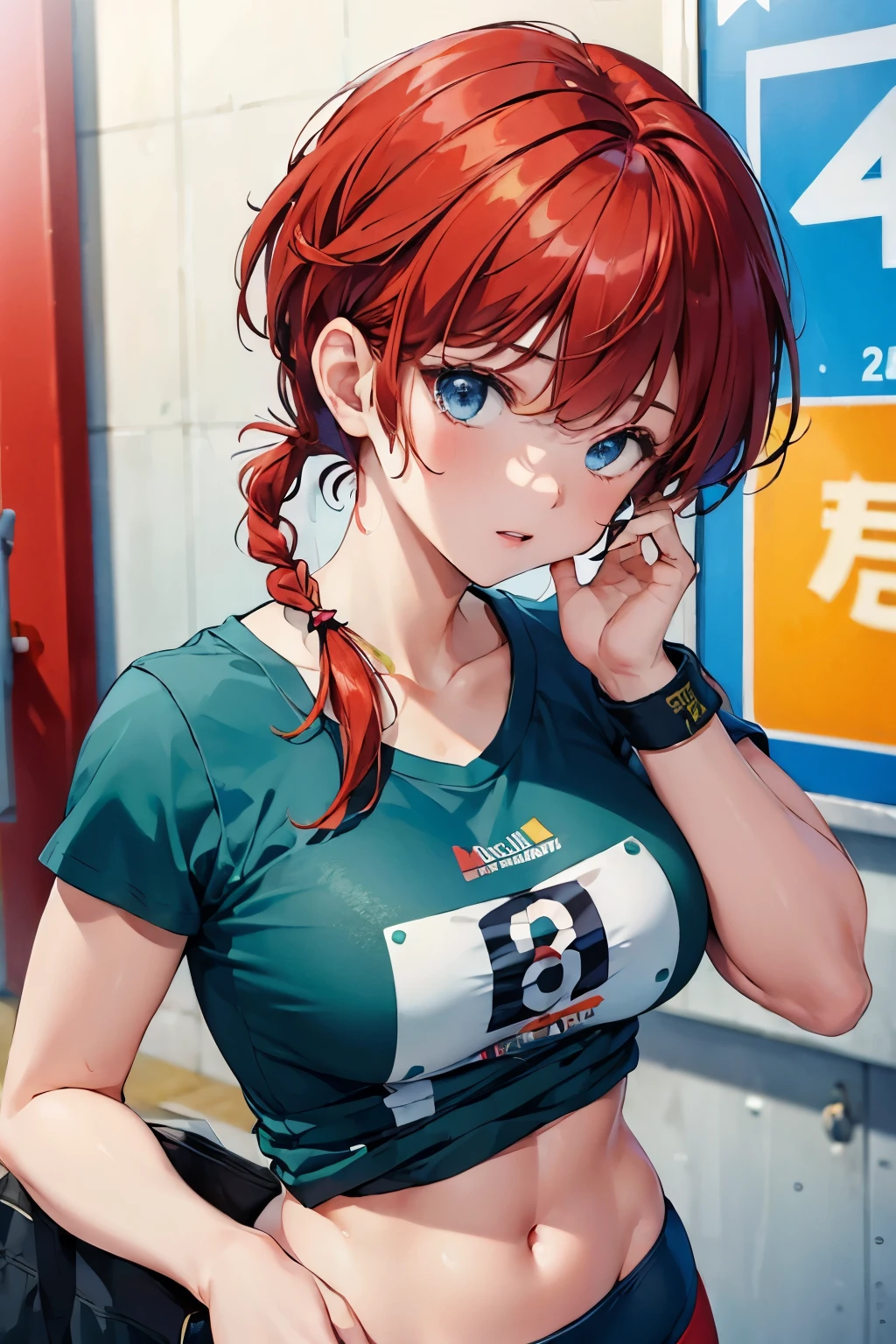 ((((masterpiece)))), high quality, very_high_resolution, large_filesize, full color, heavy outline, clear outline, colorful, (beautiful detailed eyes), (beautiful face:1.3), boyish face, 1 girl, (femaleranma), (red hair), short hair, (braided ponytail), ((bangs)), bumpy bangs, blue-gray eyes, big breasts, curvy, black-wristbands, school gym wear, green bloomer, 