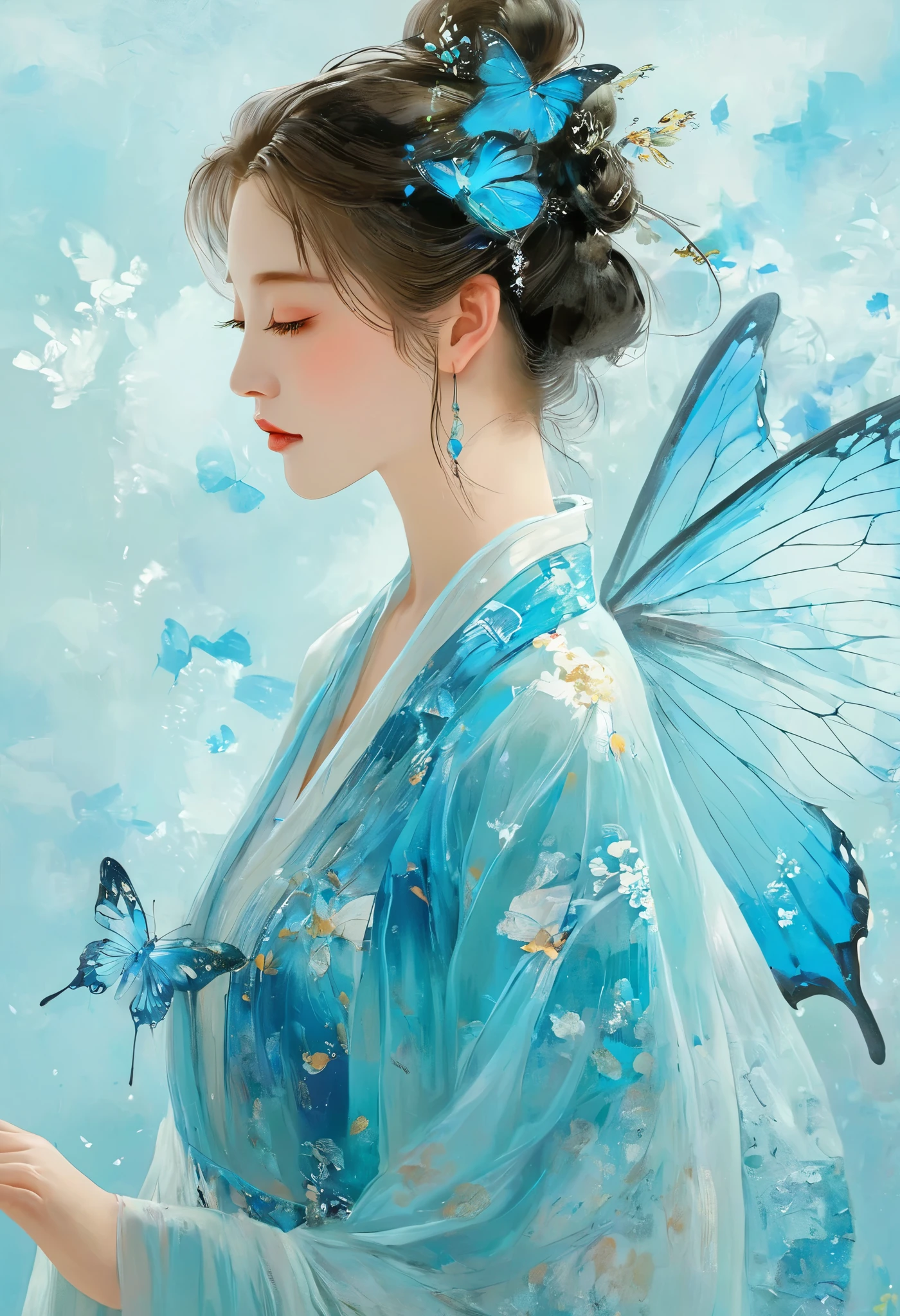 blue butterfly，painting，butterfly fairy，1girl，Chinese style，Side view