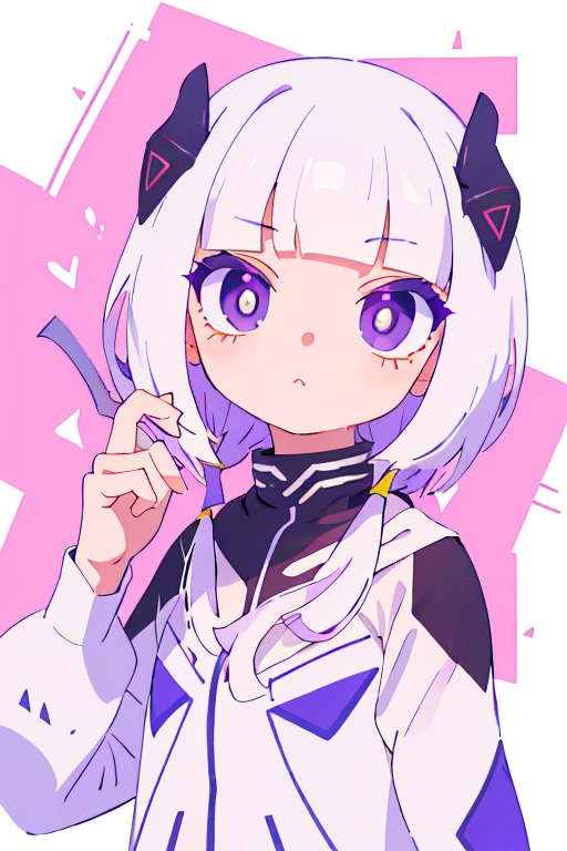 (main part, The best quality at its best:1.2), 1 girl, The hair has small purple horns, Big white hair, Purple eyes, White and light purple outfit