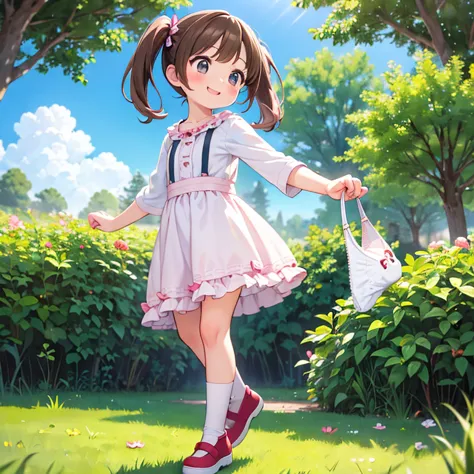 (Realistic:1.3)、Octane Rendering、Morning Park、Very chibi，Taking a walk with a pair of cutely designed panties，pee stain on panti...